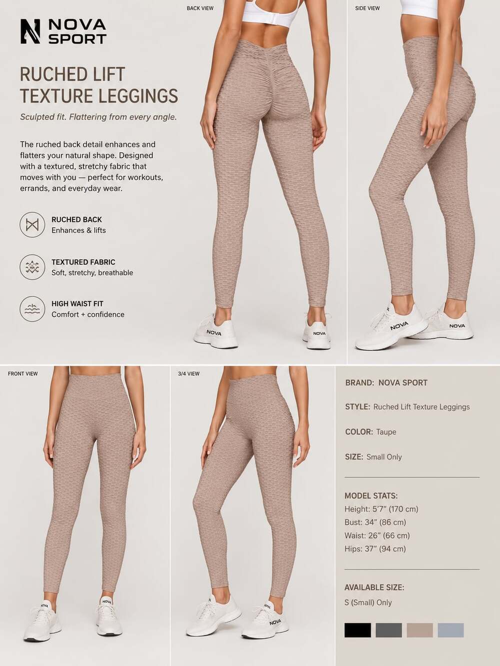 Nova Sport Ruched Lift Texture Leggings in Taupe